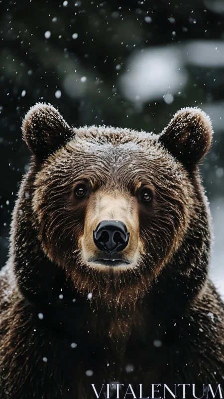 Snow-dusted forest guardian meets winter with calm eyes