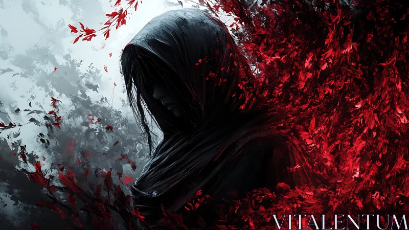 Digital painting of hooded figure amid erupting crimson foliage.