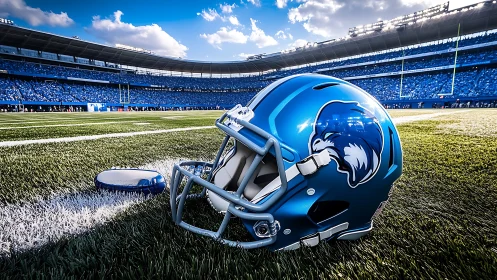 Blue football helmet rests on sunlit stadium turf field.