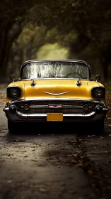Yellow vintage Chevy gleams on a rain-damp forest road