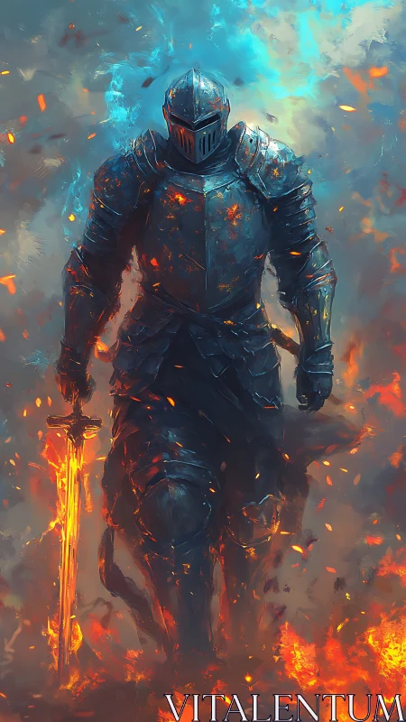 Armored figure with flaming sword amid drifting embers.
