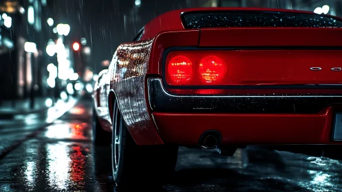 Noir night streetscape with red sports coupe profile study.