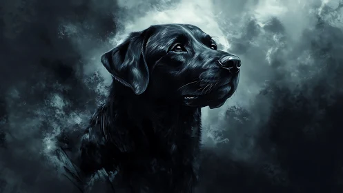 Digital portrait depicts black dog in high-contrast profile