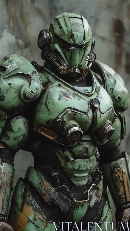 Heavily worn green power armor exosuit in close frontal view.