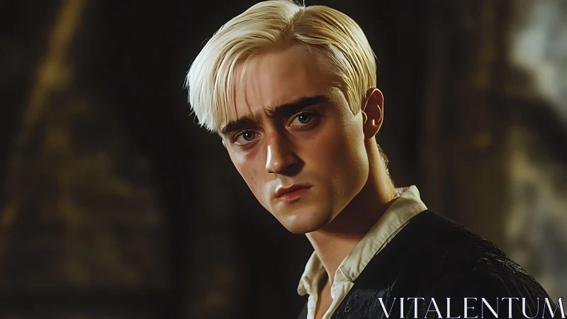 Male subject with platinum blond hair is shown in soft focus