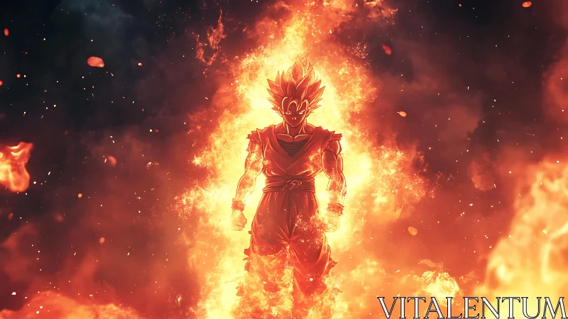 Fiery anime warrior aura ignites explosive battlefield.
