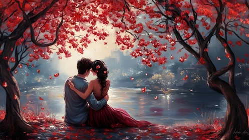 Luminescent Romance Beneath Crimson Canopy: Ethereal Digital Composition.