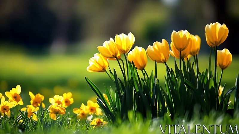 Golden tulips bloom brightly in spring garden sunlight