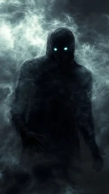 Shadow wraith emerges through swirling smoke and cold light.