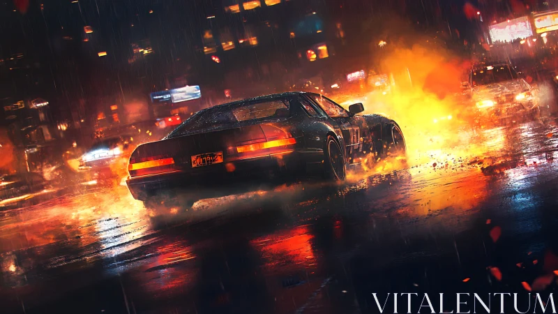 Neon street racer drifts through rain and firelit cityscape.
