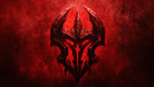 Carved crimson emblem is centered on textured red field