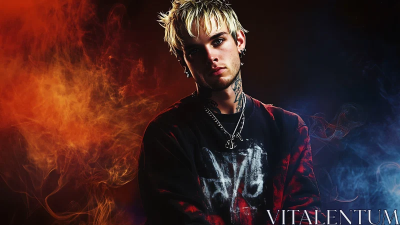 Edgy youth stands between blazing orange and cool blue smoke.