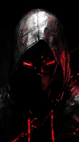 Hooded cybernetic assassin rendered in high contrast red rim light