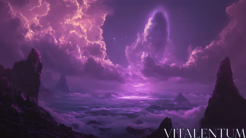 Celestial violet cloudscape over alien mountain sea scene.