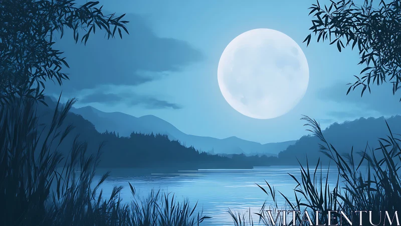 Full moon illuminates tranquil lakeside landscape in blue tones