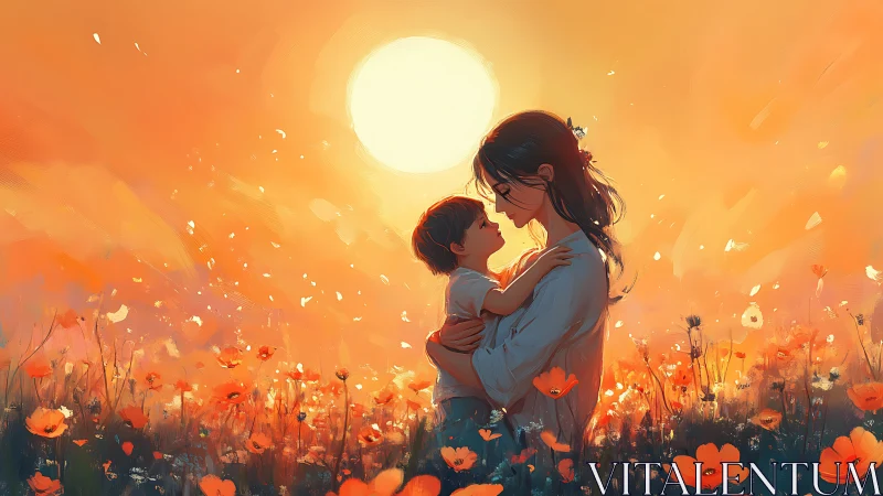Mother holding child in golden flower field at sunset.