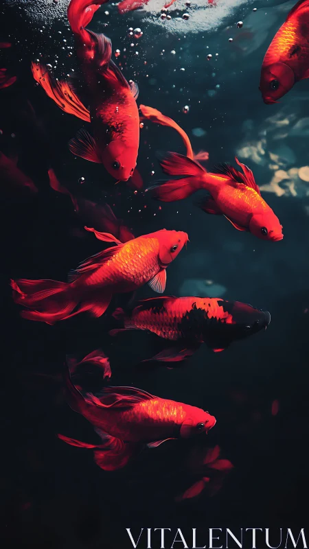 Scarlet koi glide through shadowed water in tranquil harmony