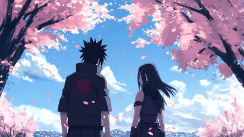 Two anime figures under cherry trees facing distant town.