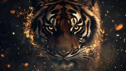 High-contrast tiger portrait with particle embers and cinematic lighting