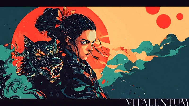 Fierce warrior and spirit wolf under a blazing red sun.