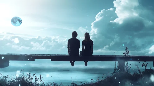 Two Silhouetted Figures Contemplating Alien Planet Over Luminous Waters