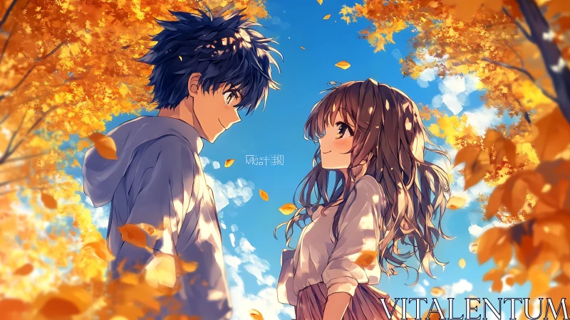 Autumn sky frames a shy anime couple in warm golden light