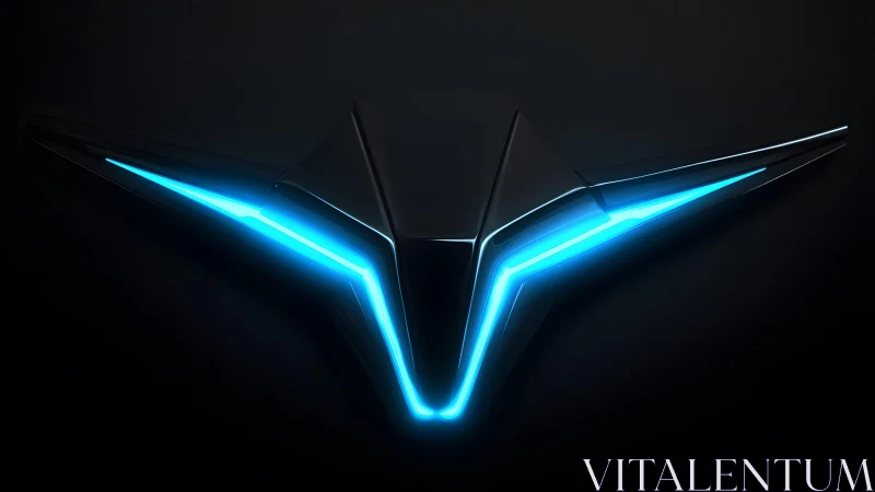 Futuristic black emblem with blue neon lighting on dark background.