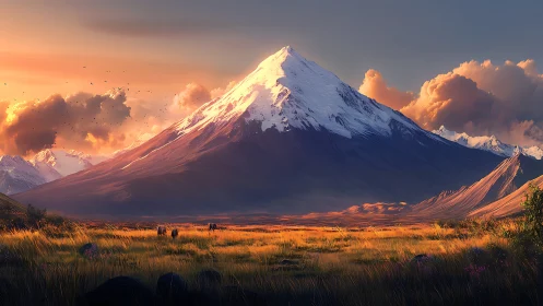 Snow-capped conical mountain rises over illuminated grassland