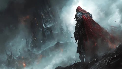 Armored wanderer before storm-lashed obsidian citadel at dusk