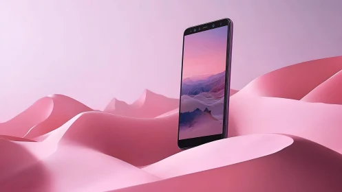 Modern smartphone standing in surreal pink landscape, minimal style.