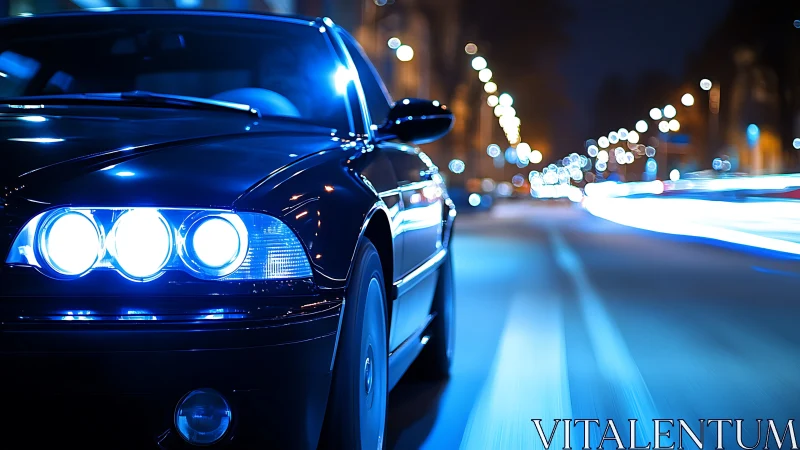 Black sedan with blue headlights driving fast at night