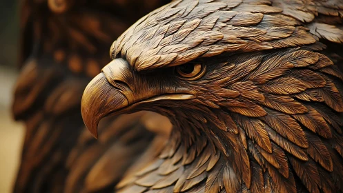 Detailed Wooden Eagle Sculpture Close-up in Realistic Style.