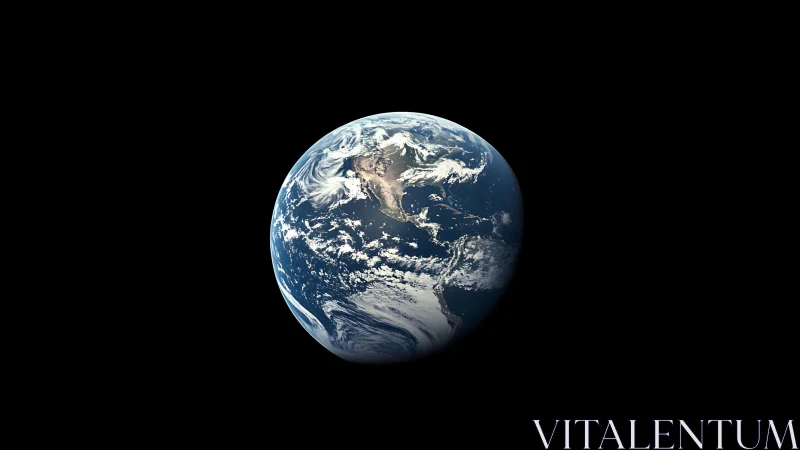 Earth is shown from space with continents and cloud bands visible