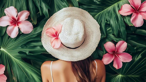 Overhead Composition: Straw Hat Among Pink Hibiscus Flowers and Tropical Foliage