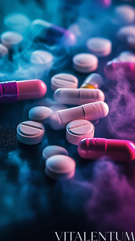 Neon-lit pharmaceutical capsules in atmospheric macro composition.