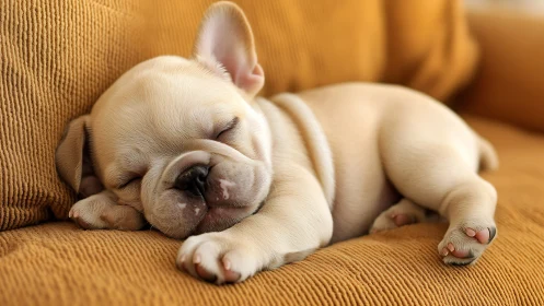 Photorealistic close-up of sleeping French Bulldog puppy on sofa.