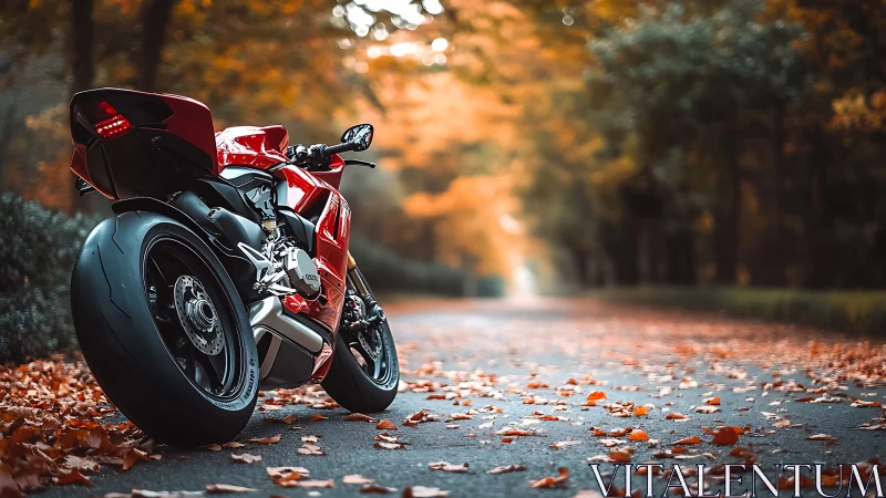 Red superbike stands on autumn road in shallow depth focus