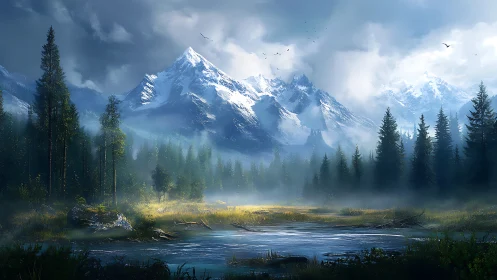 Majestic snowy peaks rise beyond a misty alpine forest valley
