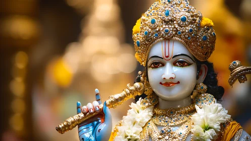 Jewel-lit deity statue with golden flute and gentle smile.