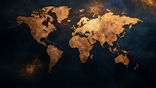 World map with metallic gold continents on dark background.