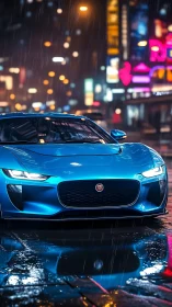 Electric blue predator stalks neon streets through silver rain