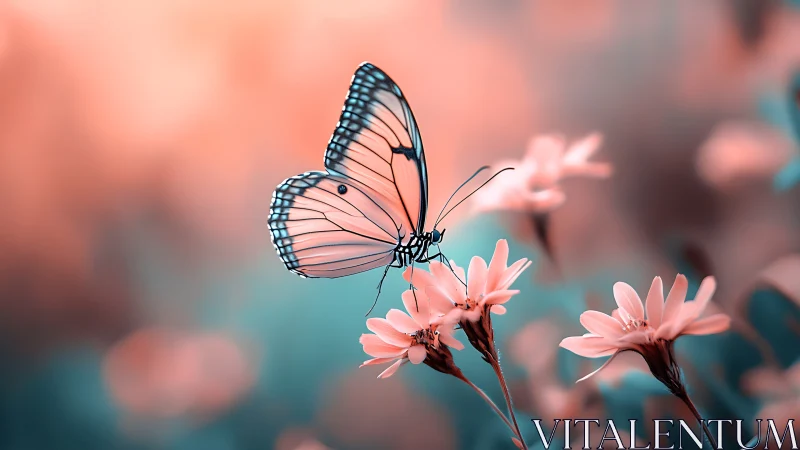 Softly glowing butterfly resting among dreamy blossoms.