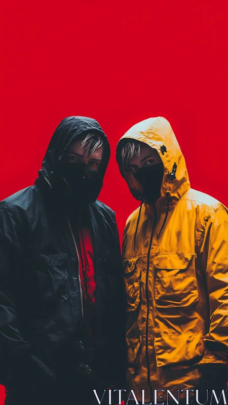 Two hooded figures in masks against bold red backdrop.