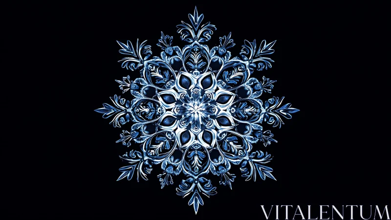 Symmetrical blue ornamental snowflake on black background.