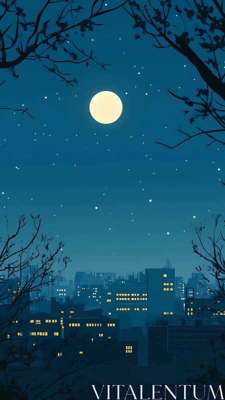 Nocturnal cityscape under full moon with stylized bokeh stars and silhouettes