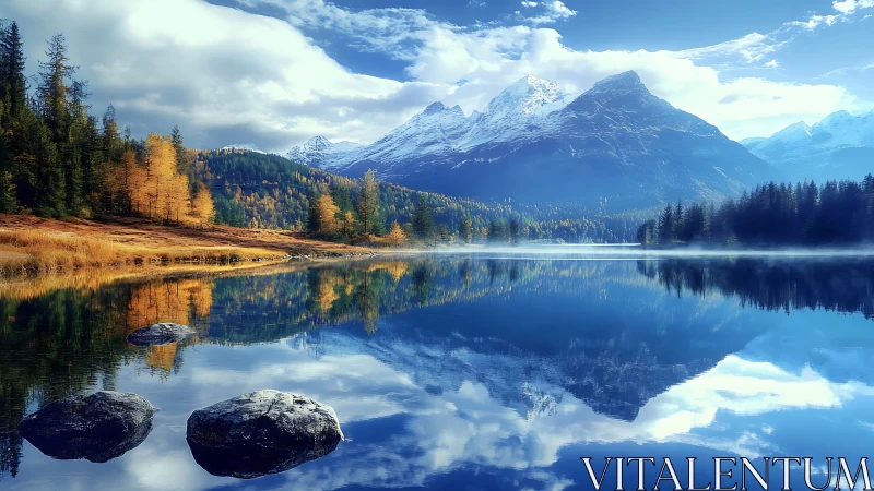 Photorealistic alpine lake reflection with autumn conifers.