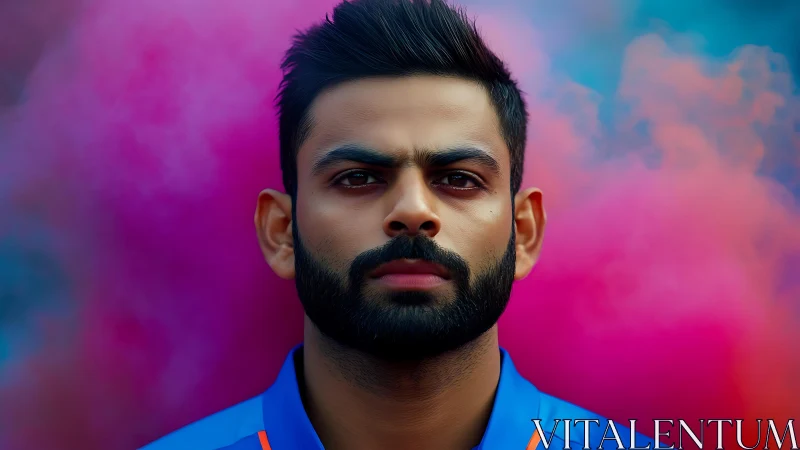 Intense male portrait amid vibrant pink and blue smoke clouds.