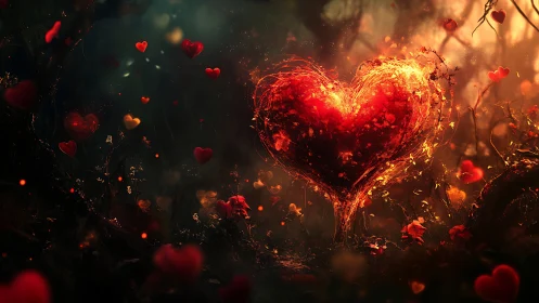 Luminescent heart form within dark botanical environment with particle effects.
