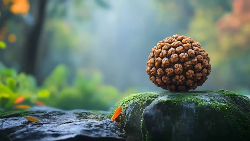 Rudraksha Seed on Mossy Rock in Serene Forest, Botanical Art.