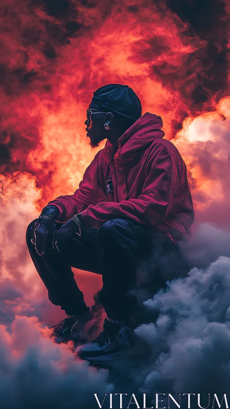 Photorealistic portrait in incendiary cloudscape composition.